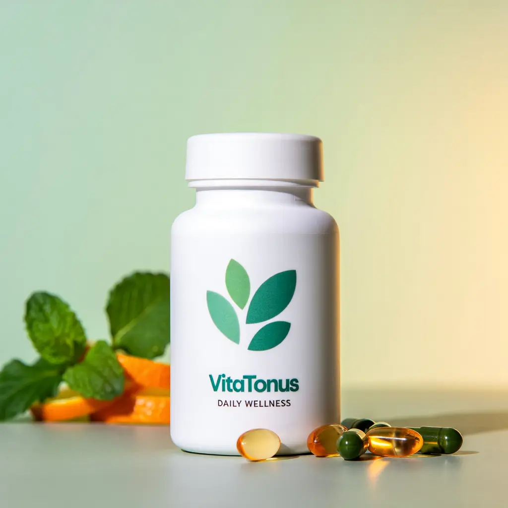 VitaTonus dietary supplement bottle with natural ingredients, designed for daily wellness and energy support